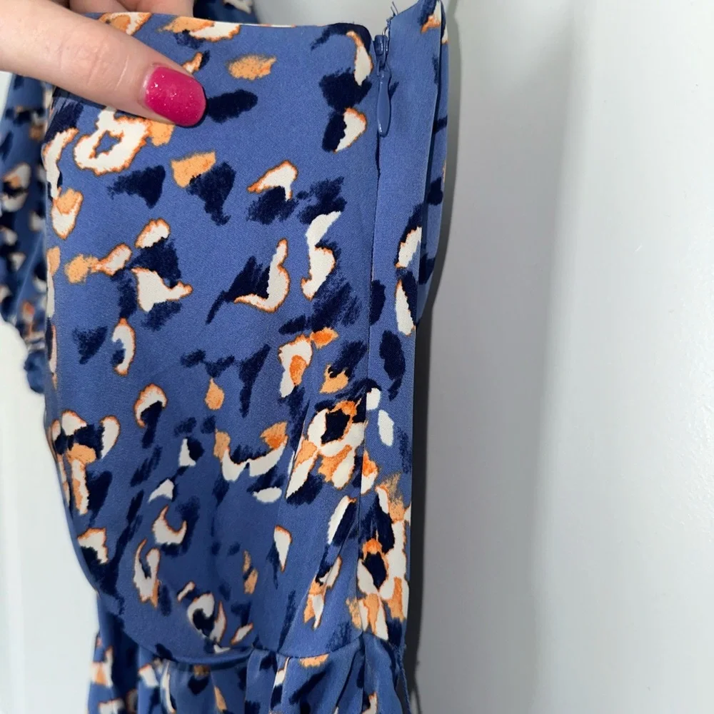 Nine West Stylish Blue and Coral Patterned One Shoulder Ballon Sleeve Mini Dress - Picture 5 of 9